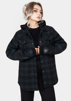 Trellis Hooded Pocket Wool Blend Check Shacket Neutral palette Glow In Dark Trims