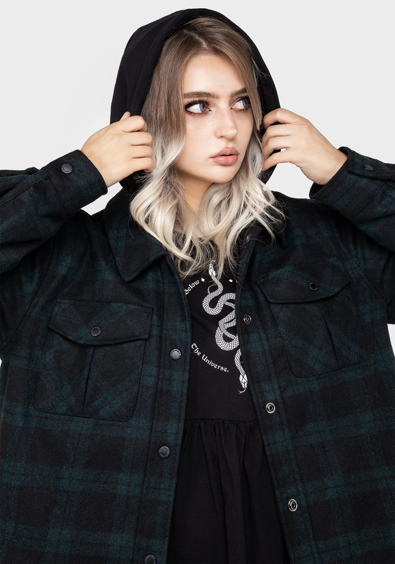 MeshLinedVents Comfortable Fabric Trellis Hooded Pocket Wool Blend Check Shacket