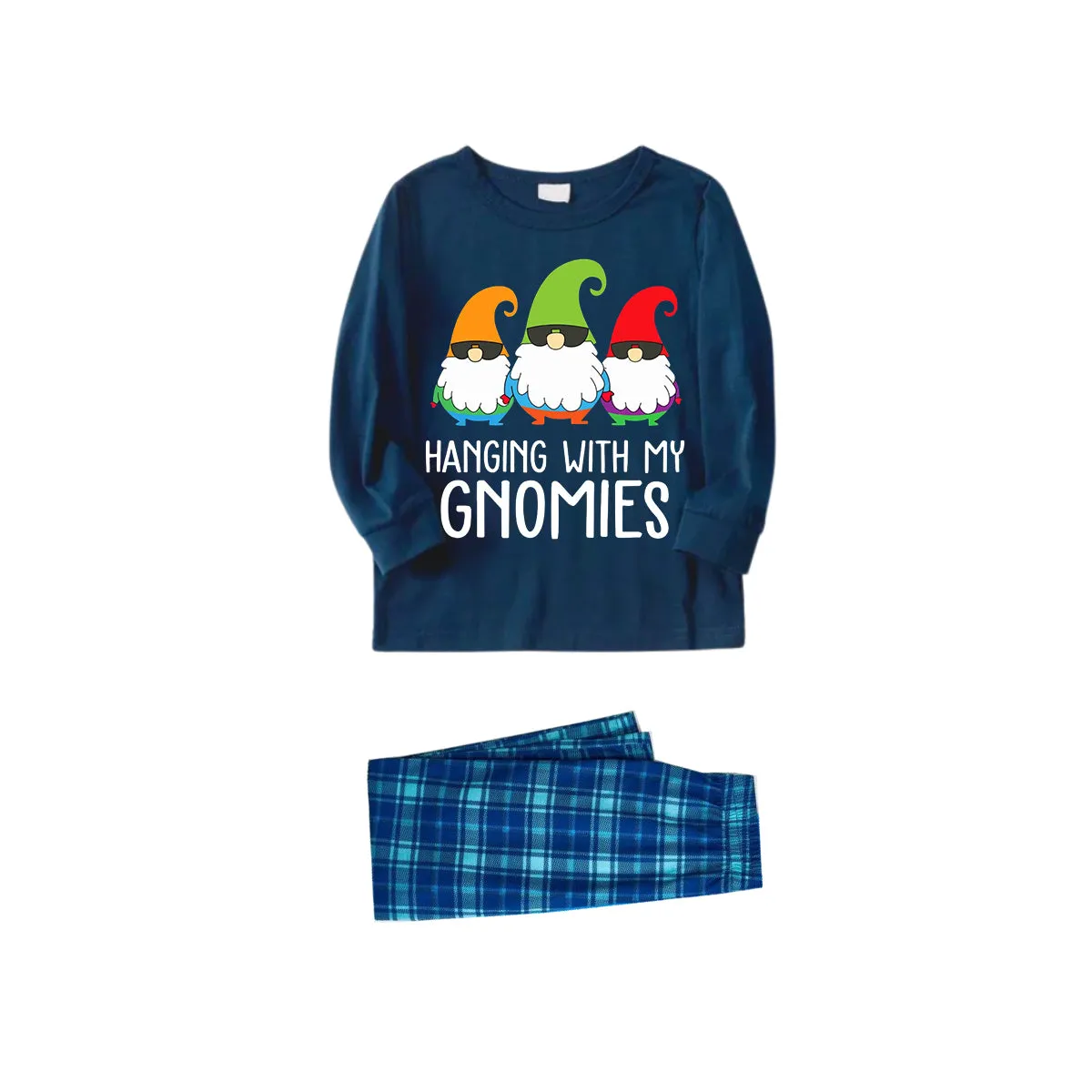 Three Santas "HANGING WITH MY GNOMIES" Monogram Print Blue Long Sleeves Top with Blue & Green Plaid Pants Family Matching Pajamas