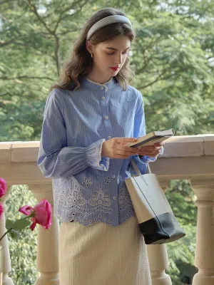 YarnDye Technique Buttonless Closure Selena Contrast Lace Mock Neck Hollow Embroidered Blouse