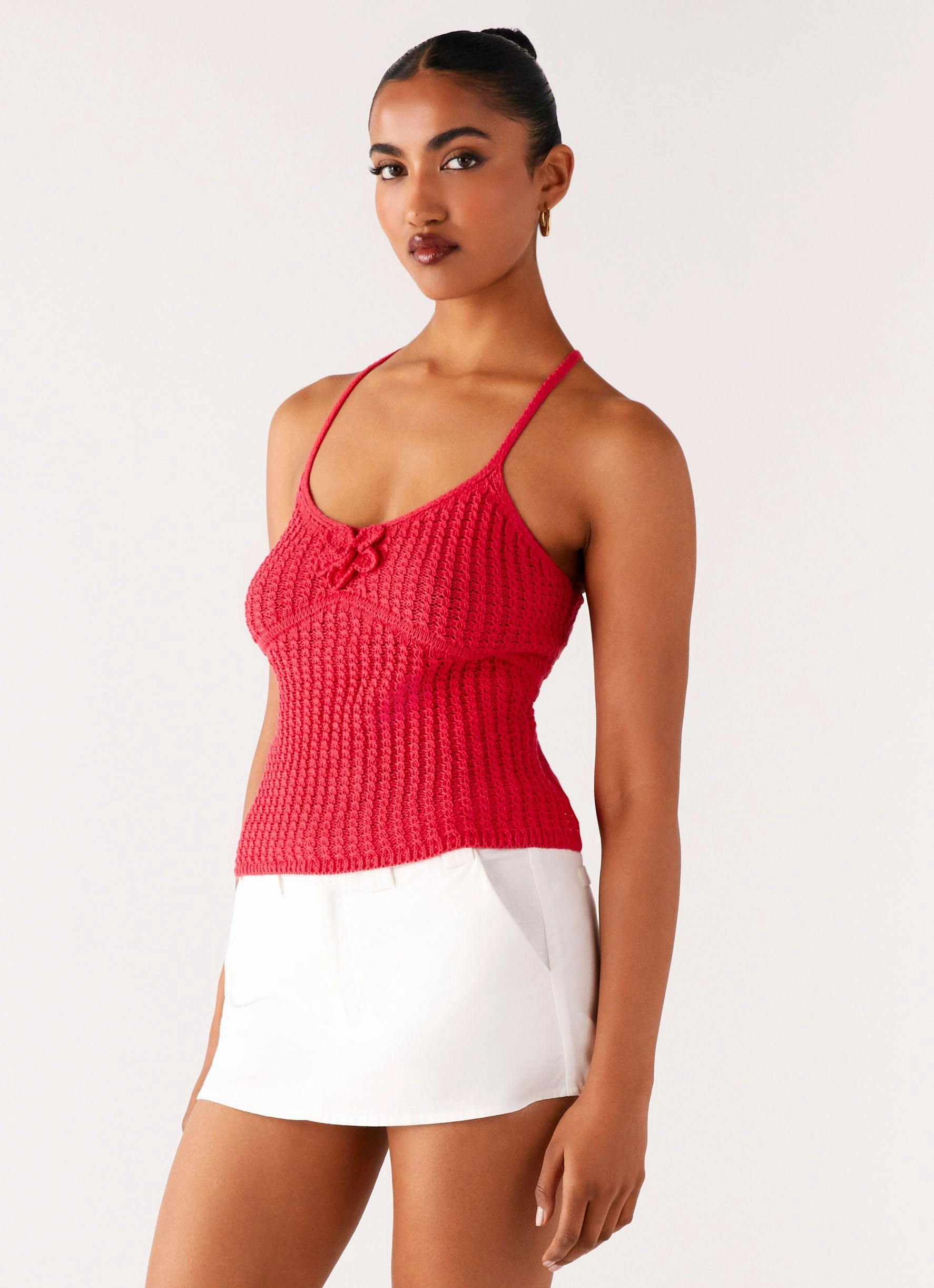 Mesh Panel Details Lightweight Layering Option Tiare Crochet Top - Fuchsia
