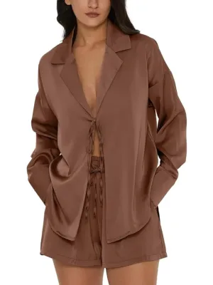 Tie Front Silk Two Piece Pajama Sets