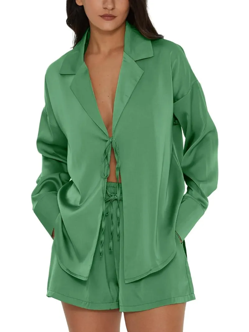 Tie Front Silk Two Piece Pajama Sets