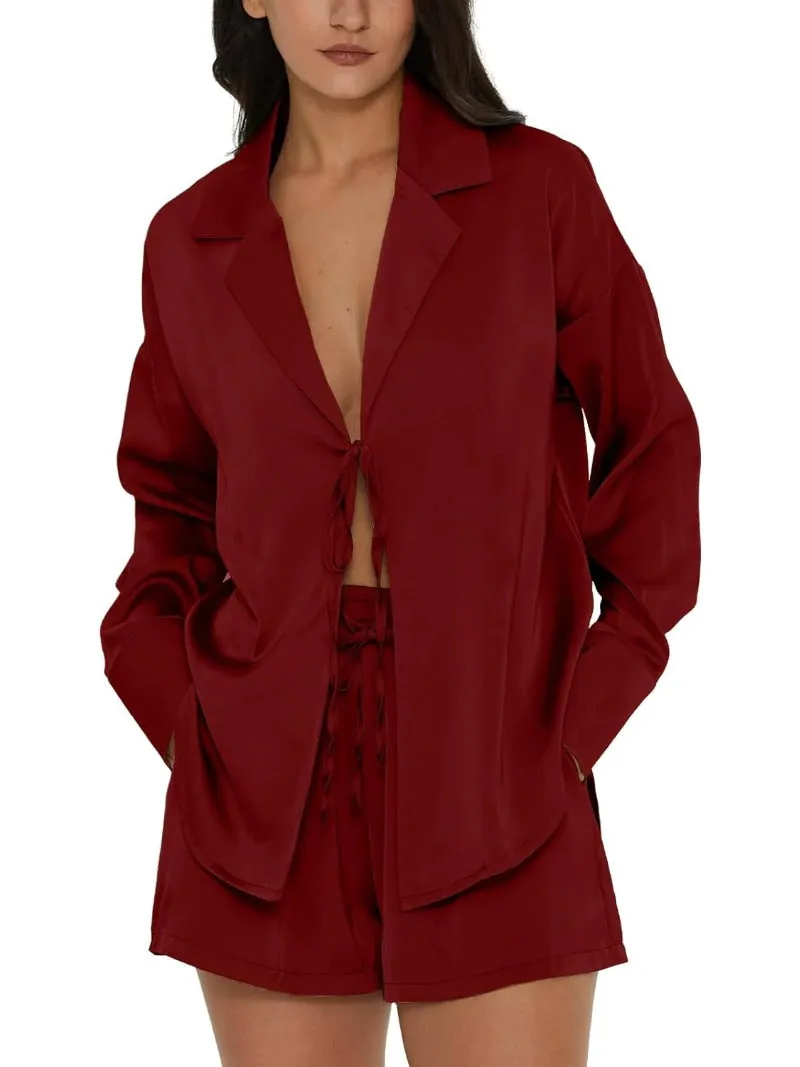 Tie Front Silk Two Piece Pajama Sets