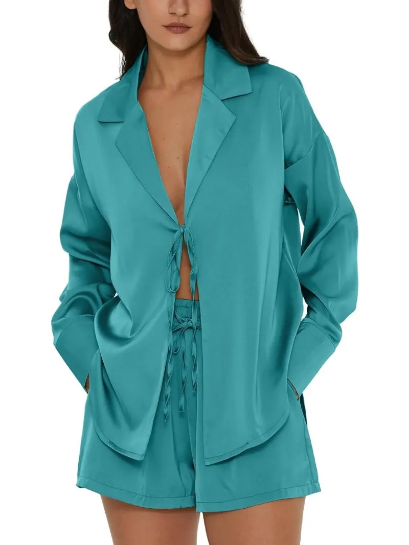 Tie Front Silk Two Piece Pajama Sets