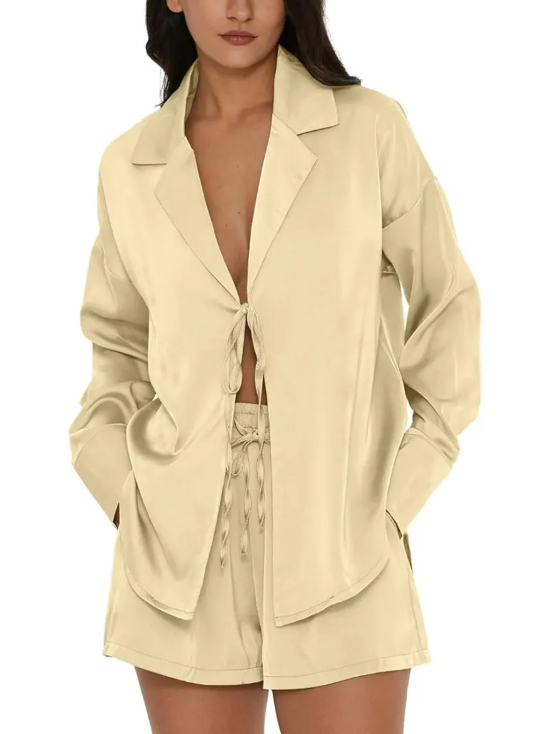 Tie Front Silk Two Piece Pajama Sets