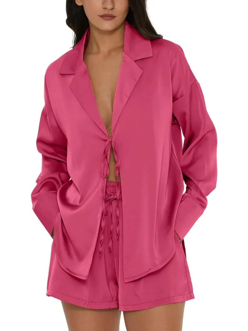 Tie Front Silk Two Piece Pajama Sets