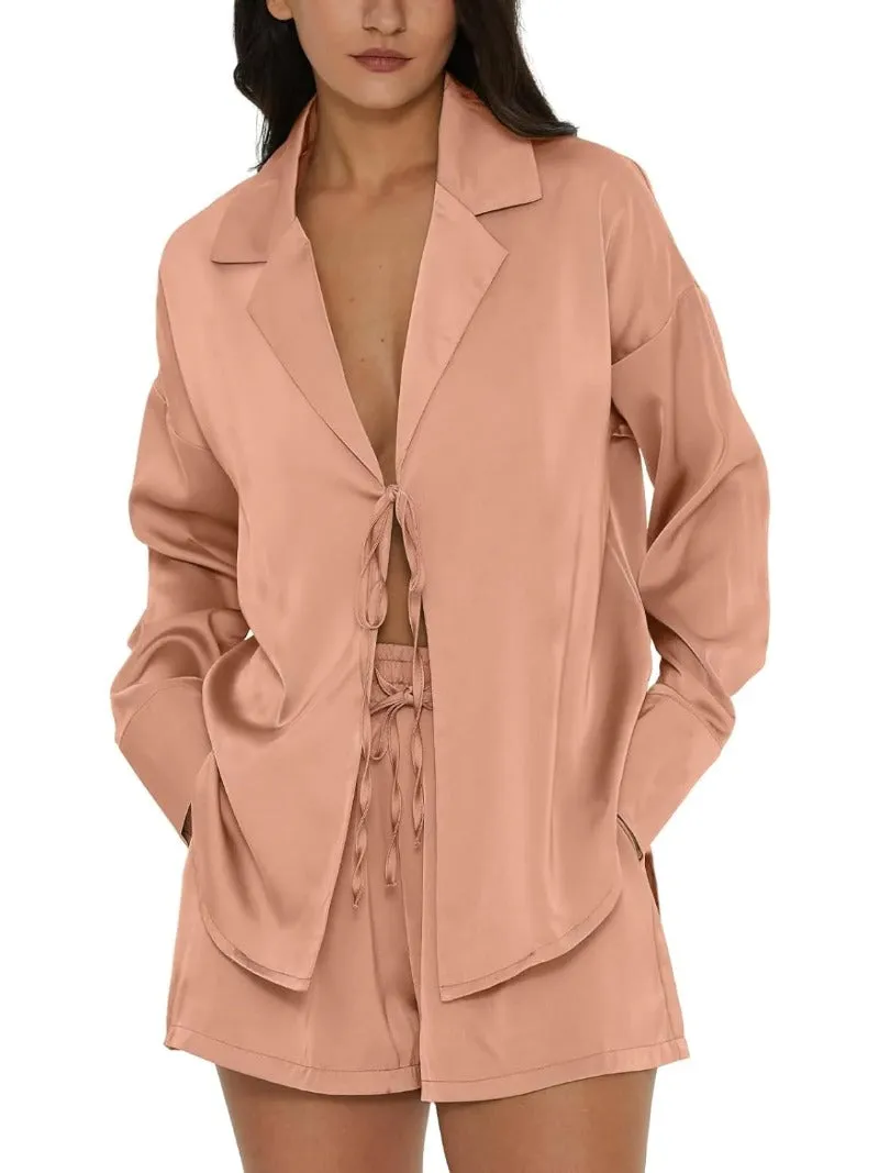 Tie Front Silk Two Piece Pajama Sets