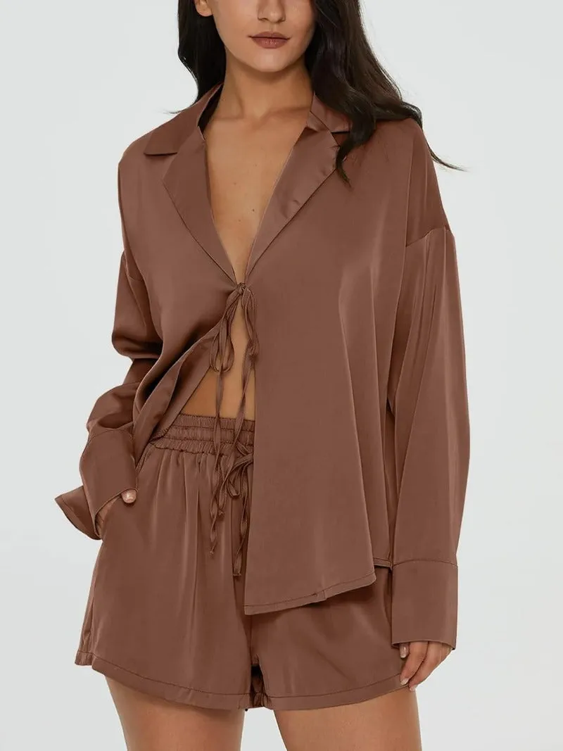 Tie Front Silk Two Piece Pajama Sets