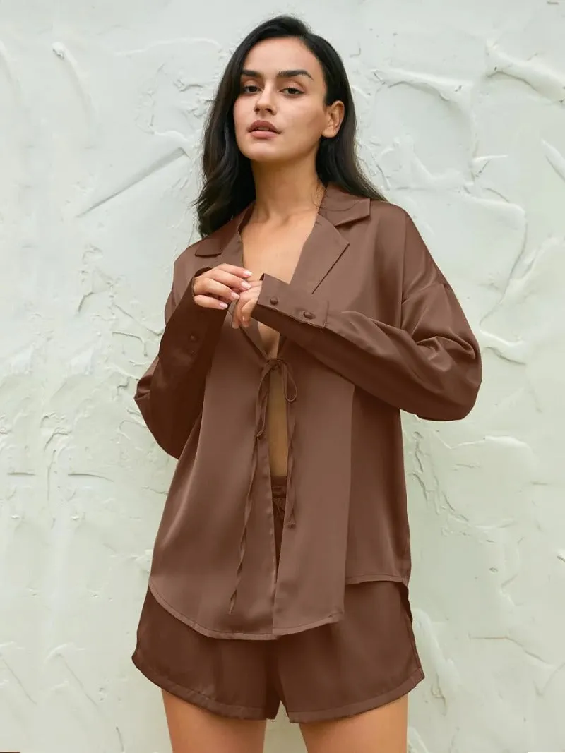 Tie Front Silk Two Piece Pajama Sets
