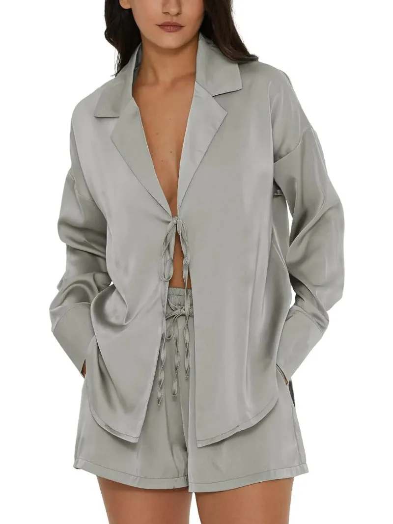 Tie Front Silk Two Piece Pajama Sets