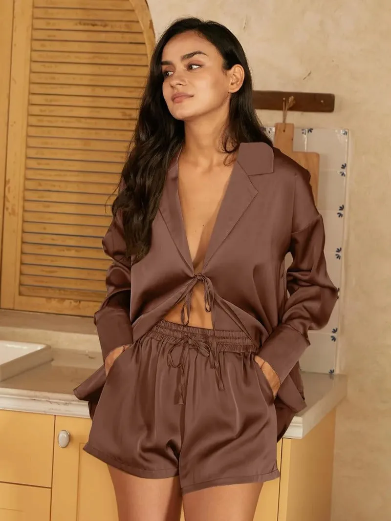 Tie Front Silk Two Piece Pajama Sets