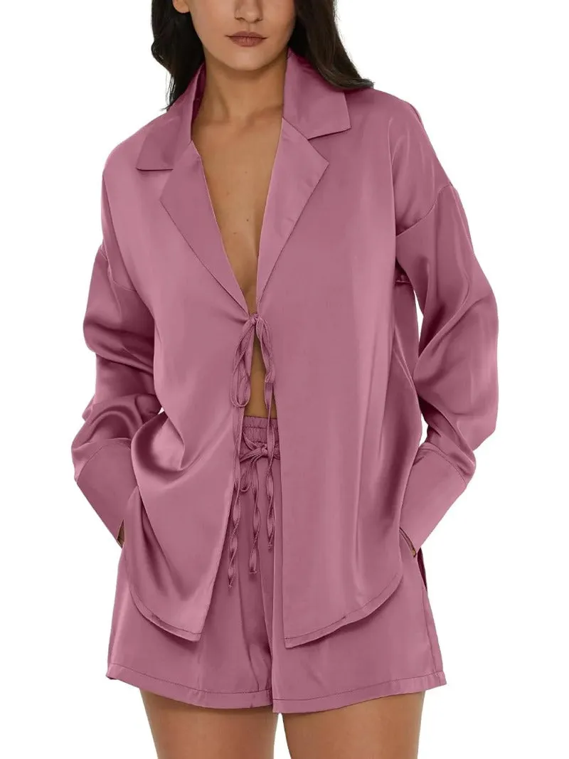 Tie Front Silk Two Piece Pajama Sets