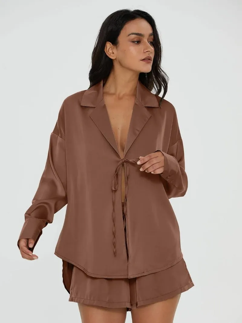 Tie Front Silk Two Piece Pajama Sets