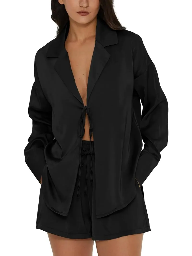 Tie Front Silk Two Piece Pajama Sets
