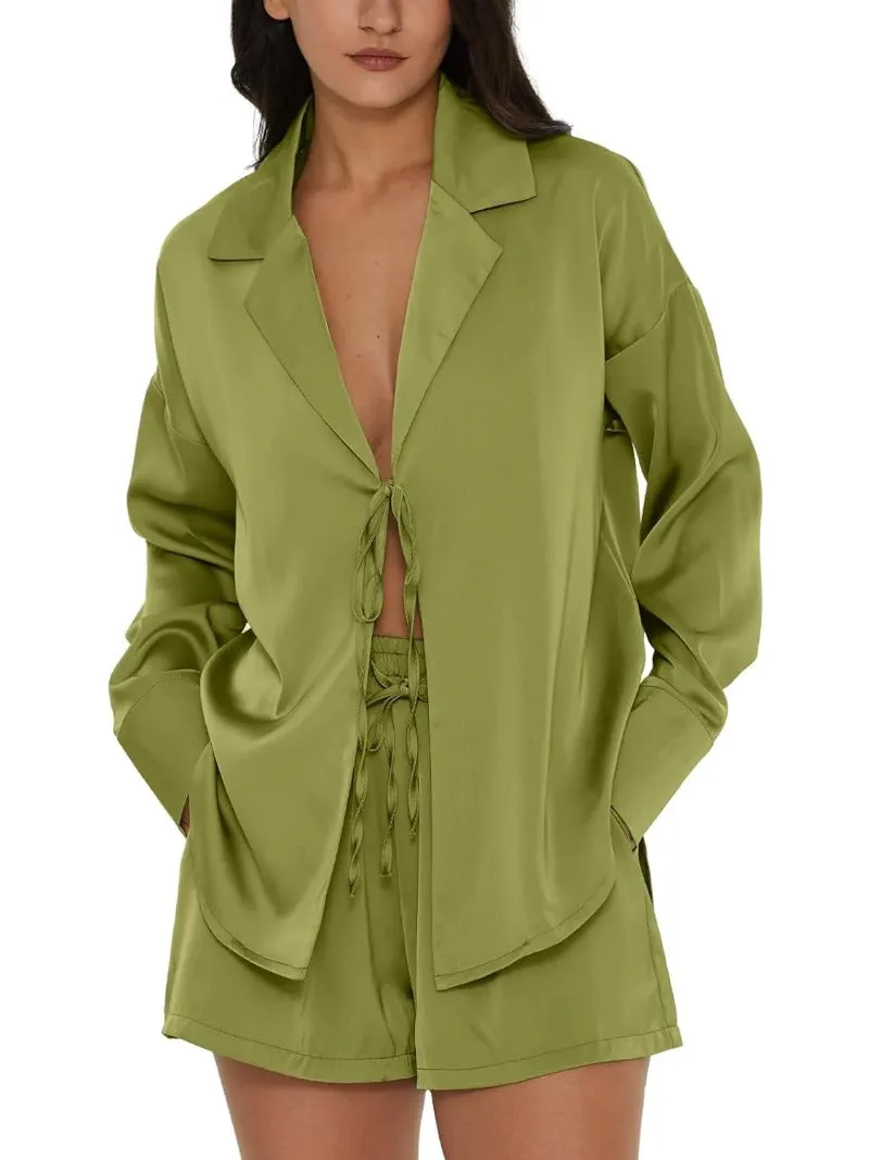 Tie Front Silk Two Piece Pajama Sets