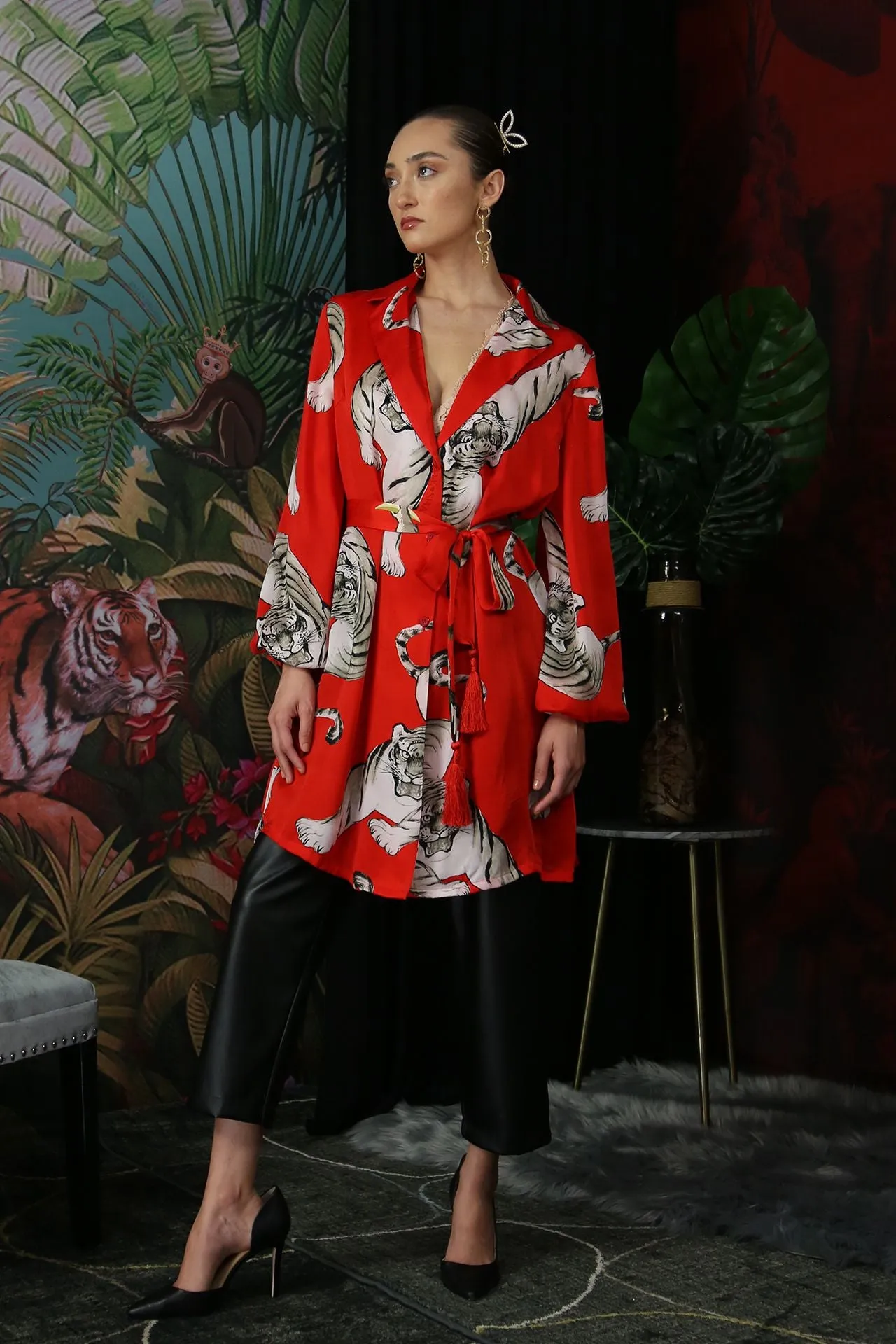 Tiger Print Knee Length Shirt Dress