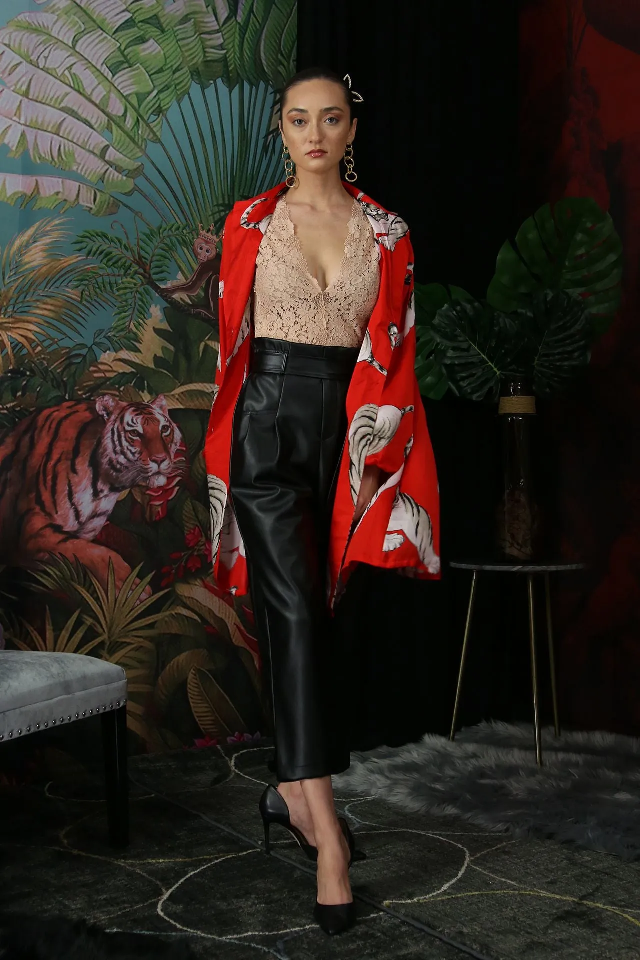 Tiger Print Knee Length Shirt Dress