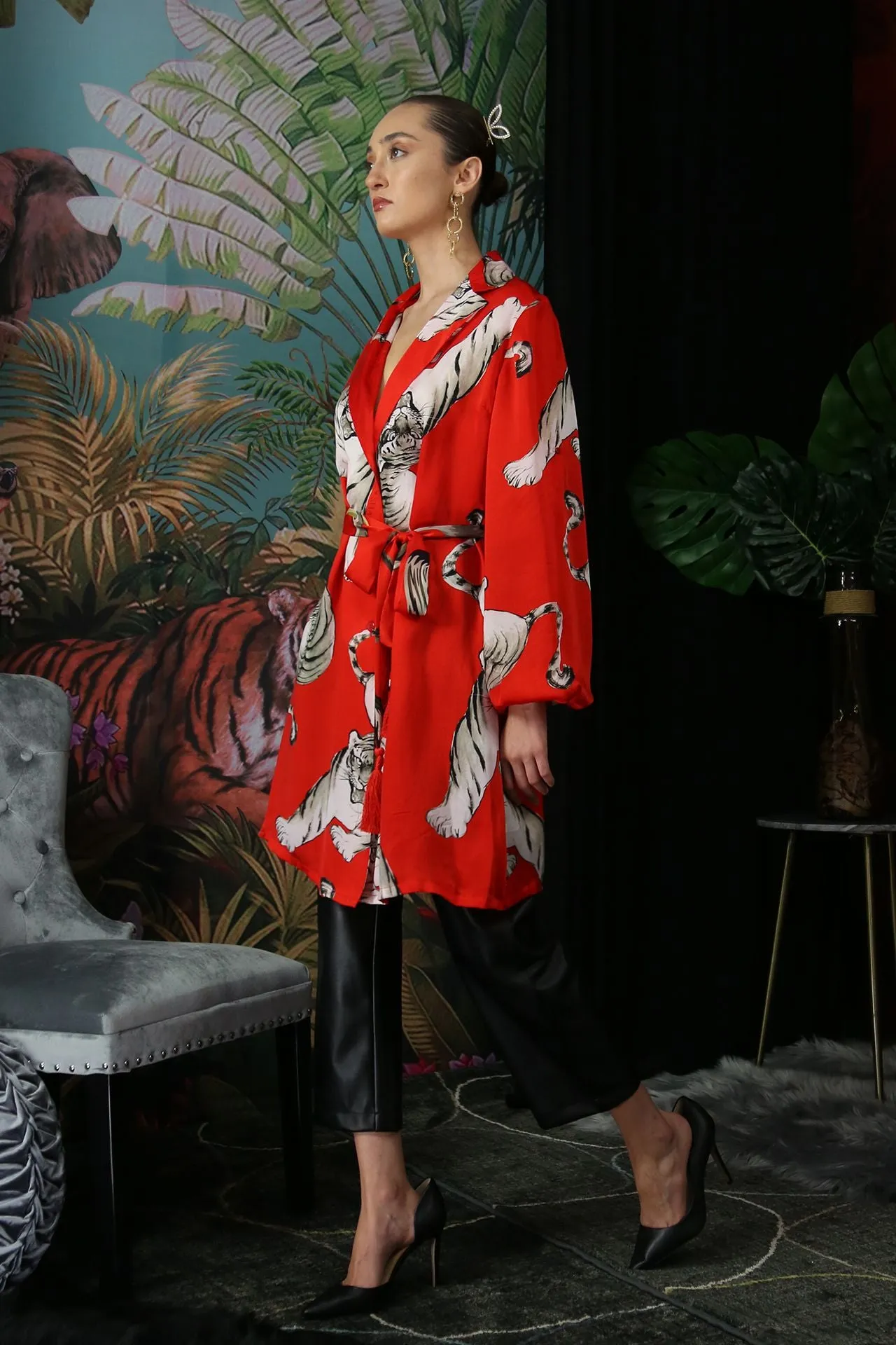 Tiger Print Knee Length Shirt Dress