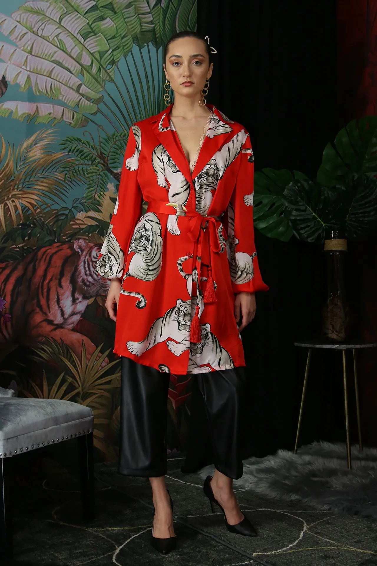 Tiger Print Knee Length Shirt Dress