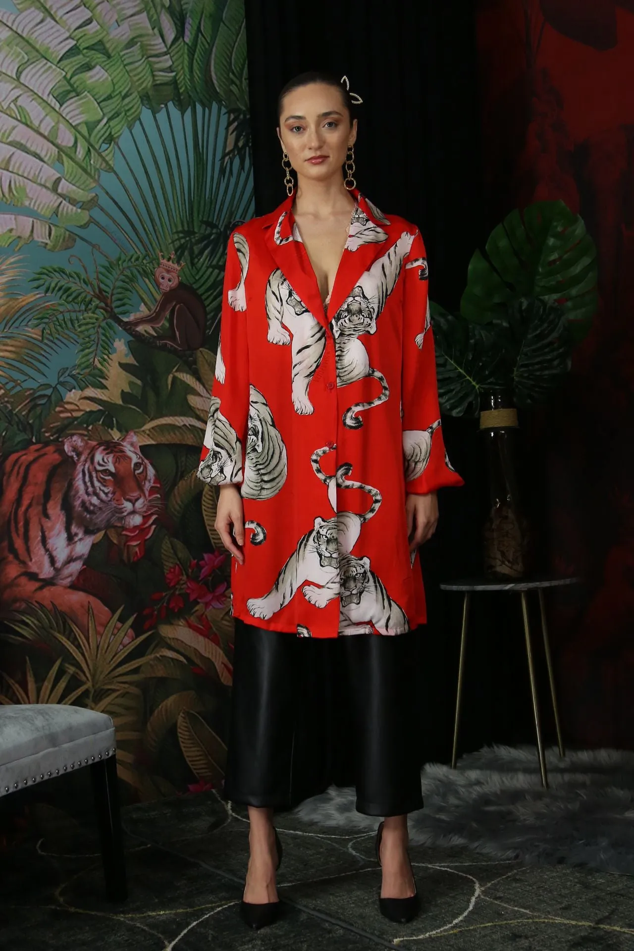 Tiger Print Knee Length Shirt Dress