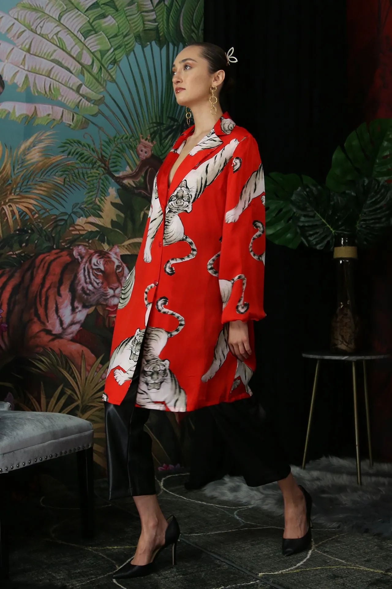 Tiger Print Knee Length Shirt Dress