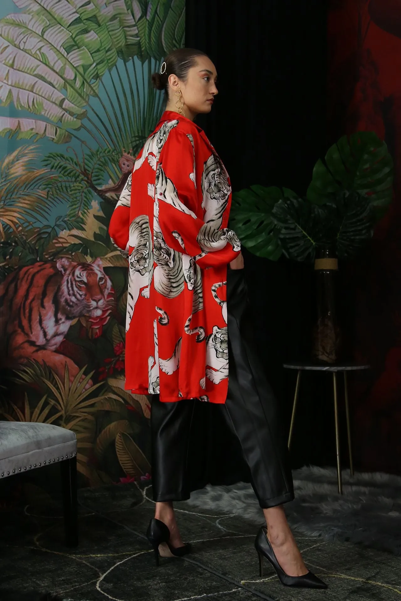Tiger Print Knee Length Shirt Dress