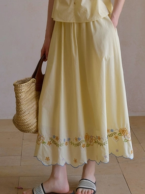 Ashley Floral Embroidery 100% Cotton Skirt Sleek Cut Formal Look