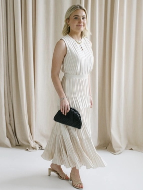Sleeveless Taupe Pleat Dress Unisex Option Mood Edge