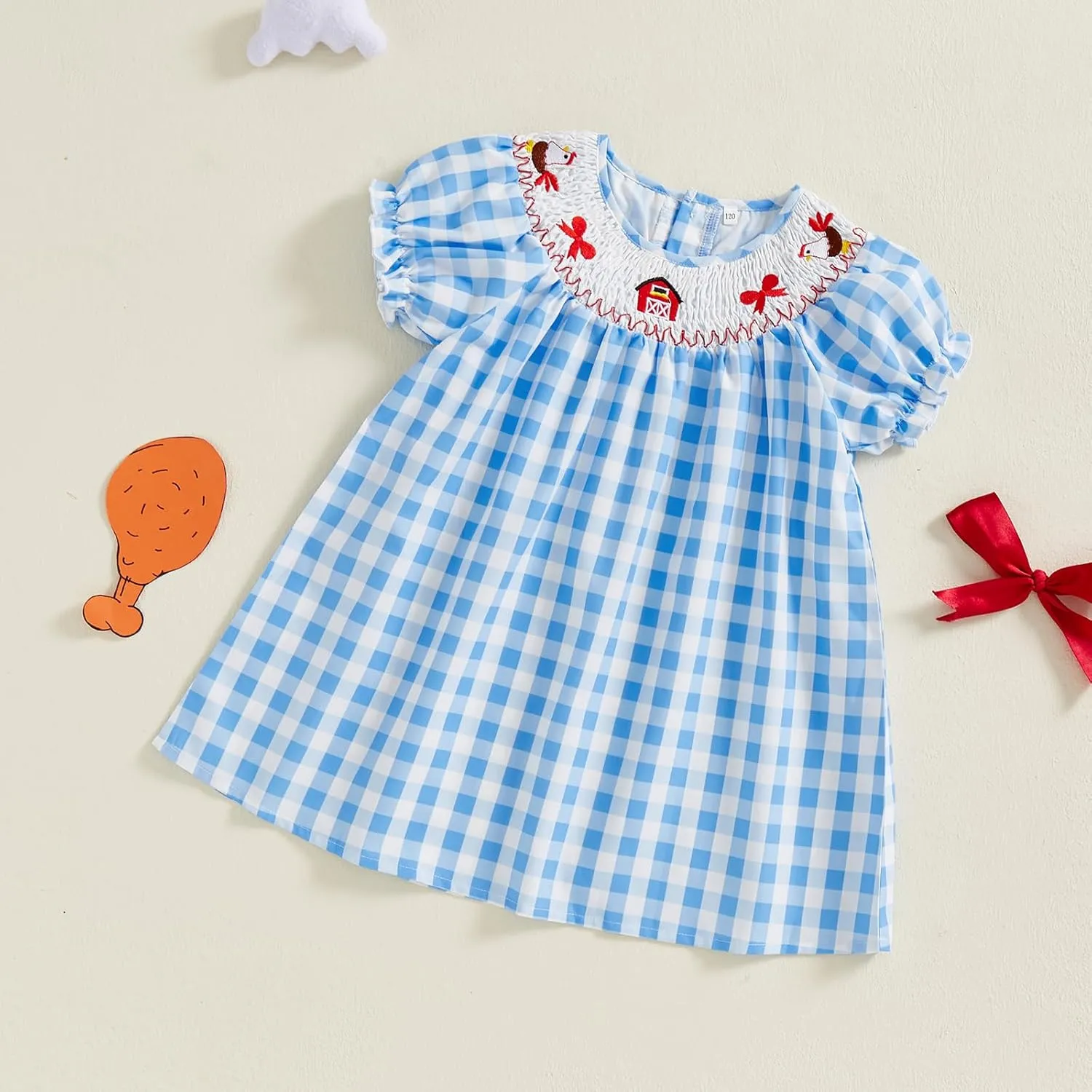 Toddler Girl Farm Animal Dress Short Puff Sleeve Chicken Bow Embroidery Plaid Print Smocked Dress Kids Casual Summer Dress