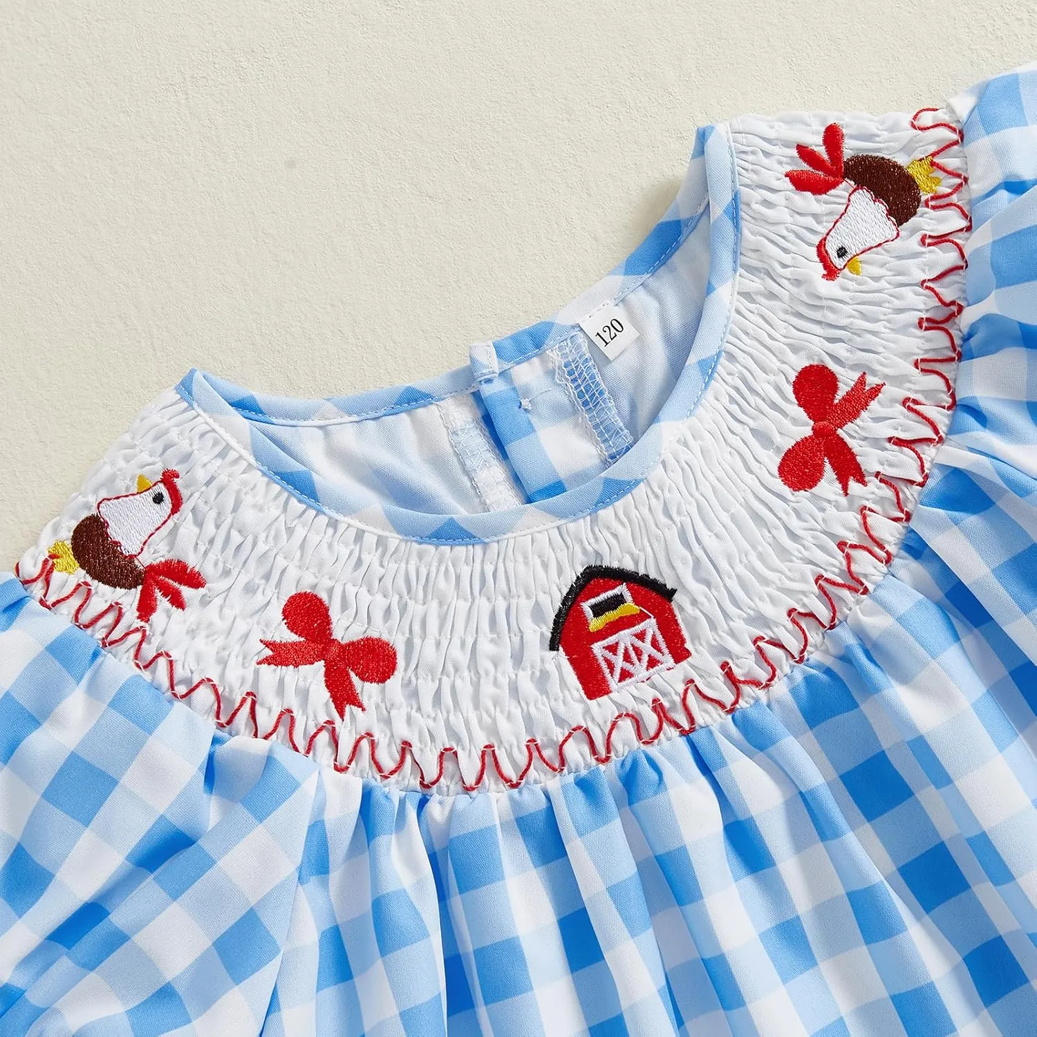 Toddler Girl Farm Animal Dress Short Puff Sleeve Chicken Bow Embroidery Plaid Print Smocked Dress Kids Casual Summer Dress