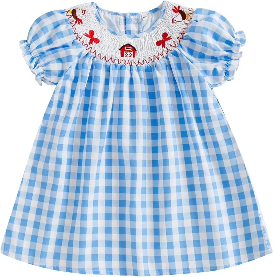 Toddler Girl Farm Animal Dress Short Puff Sleeve Chicken Bow Embroidery Plaid Print Smocked Dress Kids Casual Summer Dress