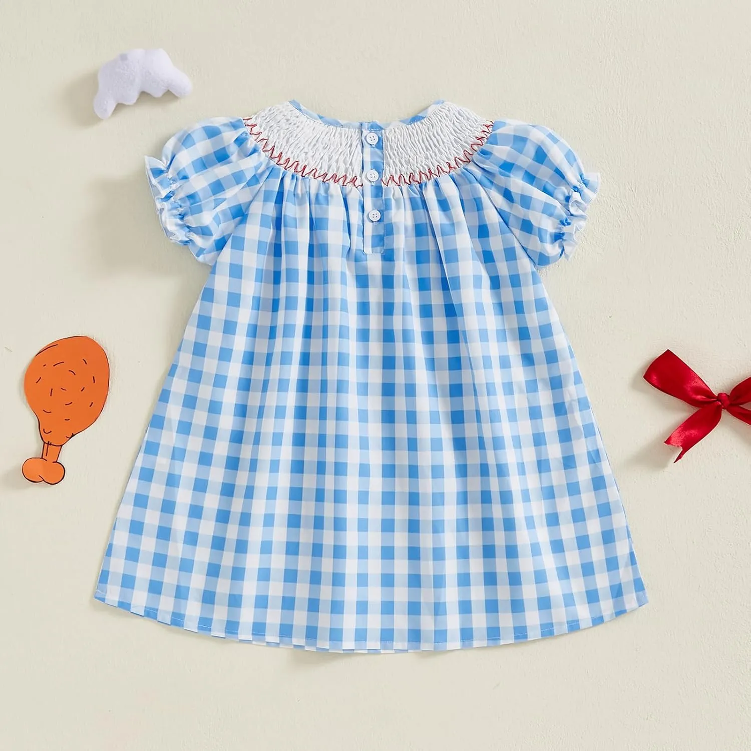 Toddler Girl Farm Animal Dress Short Puff Sleeve Chicken Bow Embroidery Plaid Print Smocked Dress Kids Casual Summer Dress
