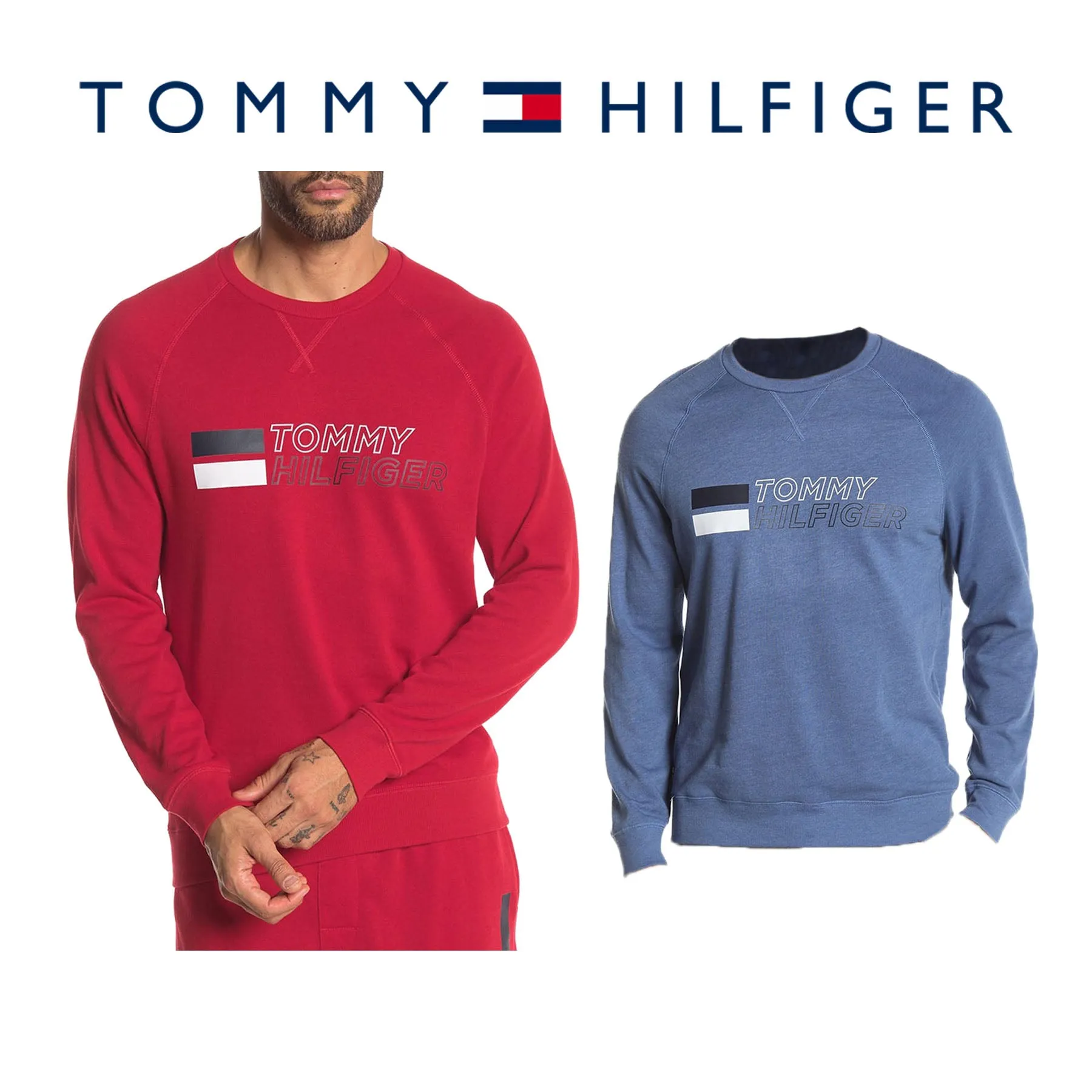 Tommy Hilfiger Men's Logo Print Raglan Fleece Lined Lounge Sleep Sweatshirt