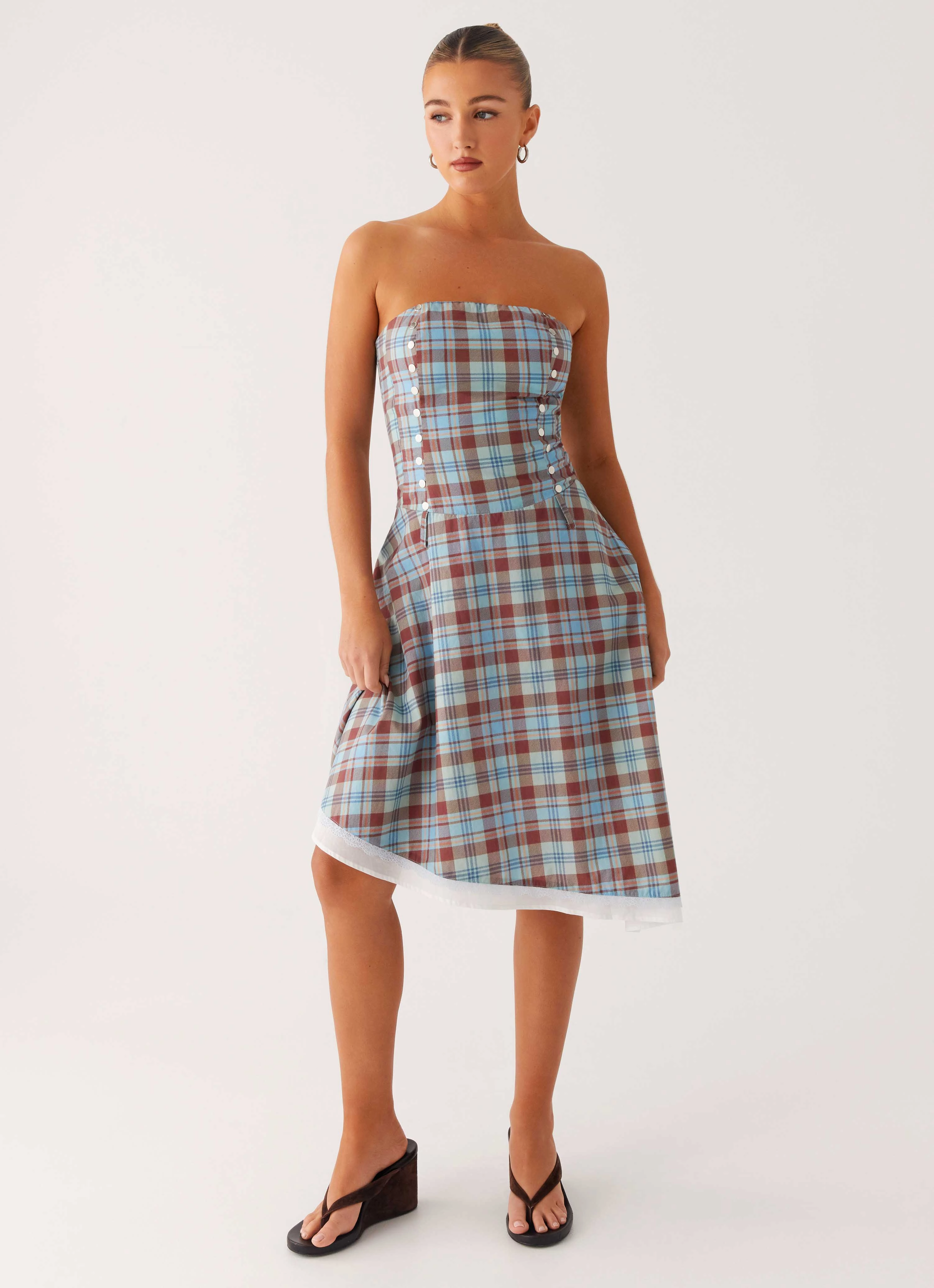 Soft Vibes Polished Cut Tonie Strapless Midi Dress - Shoreline Check