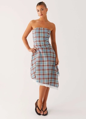 City Ready Tonie Strapless Midi Dress - Shoreline Check