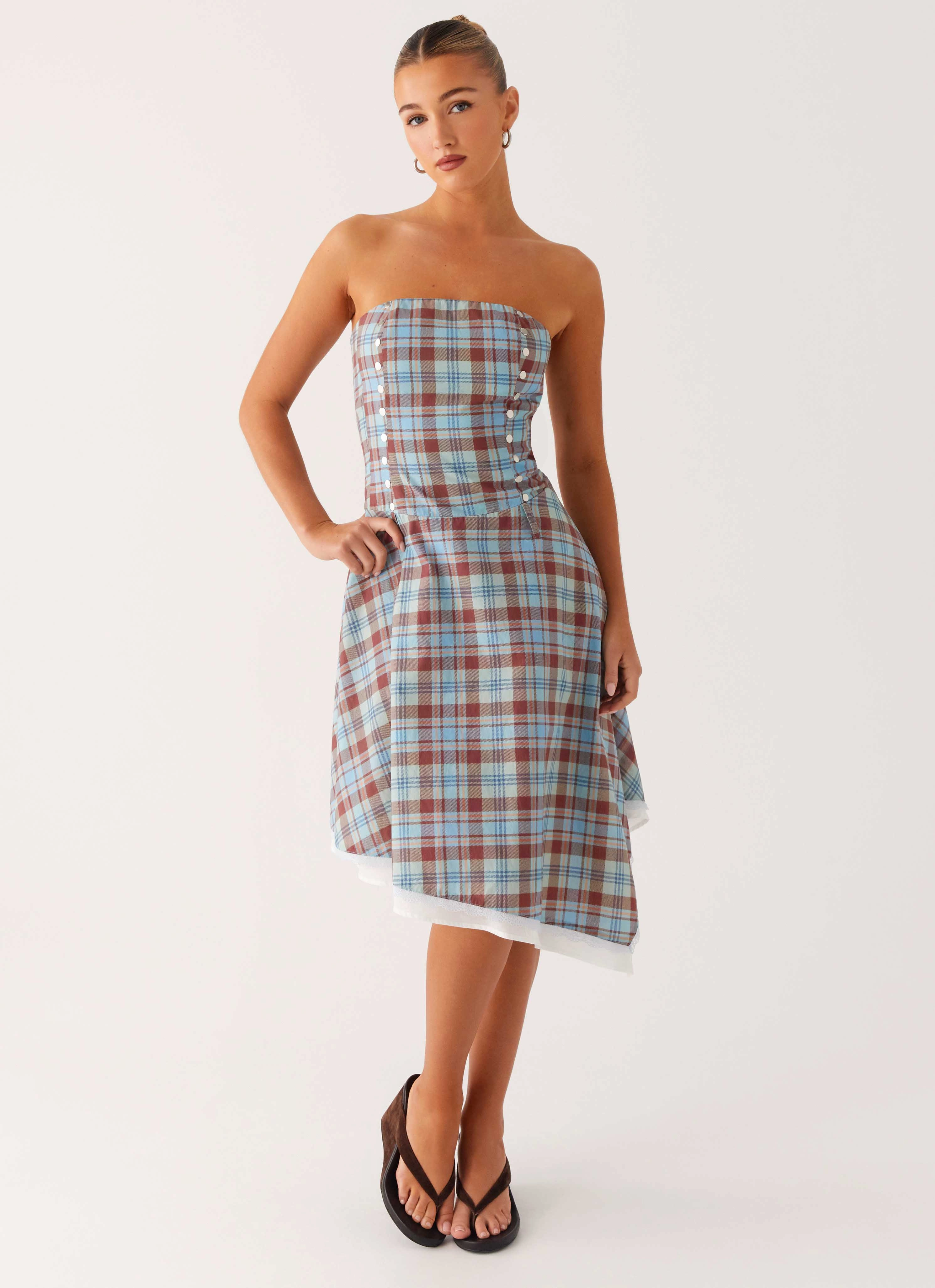 City Ready Tonie Strapless Midi Dress - Shoreline Check