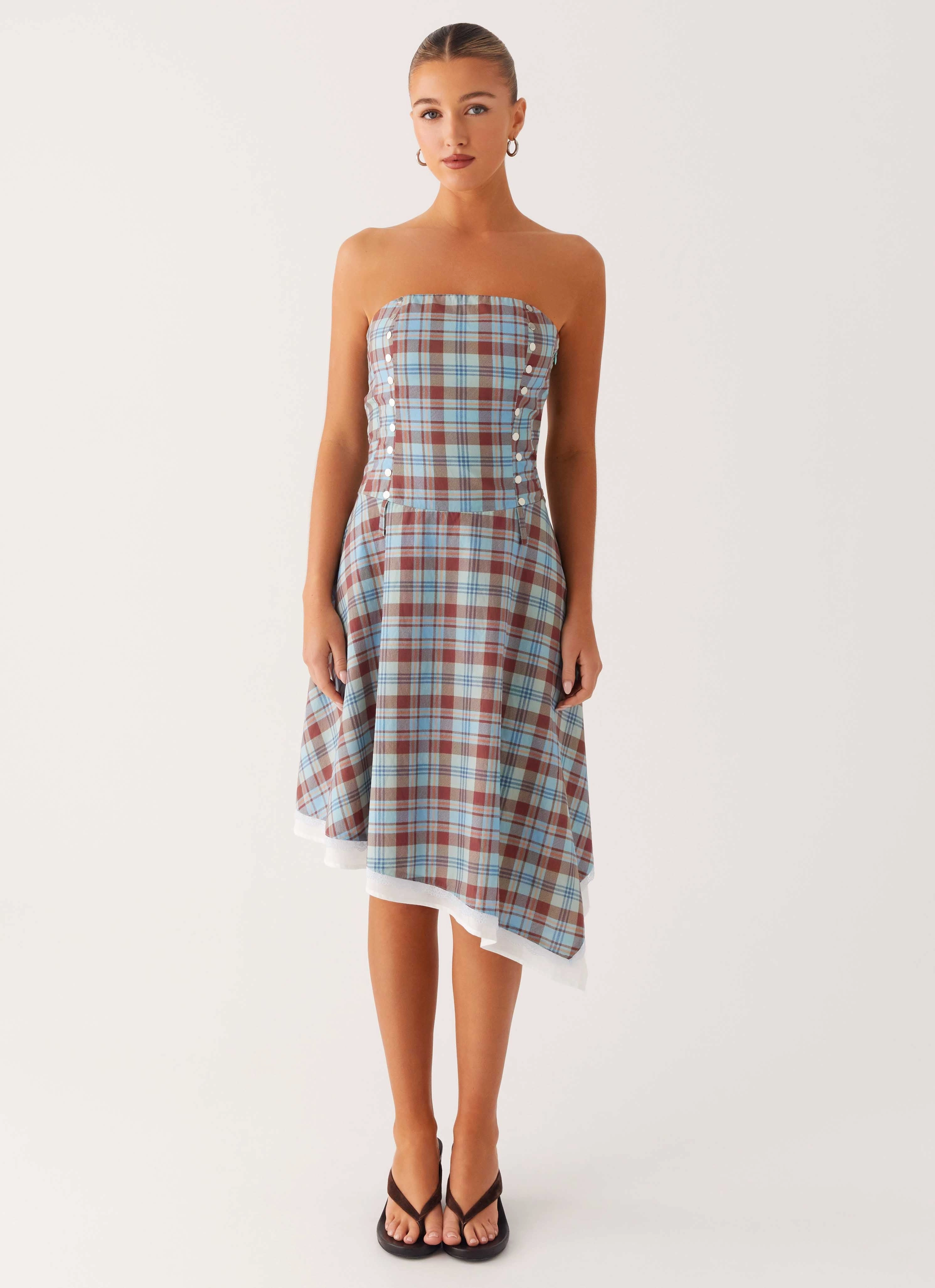 Modern Waist Design Body Ease Tonie Strapless Midi Dress - Shoreline Check