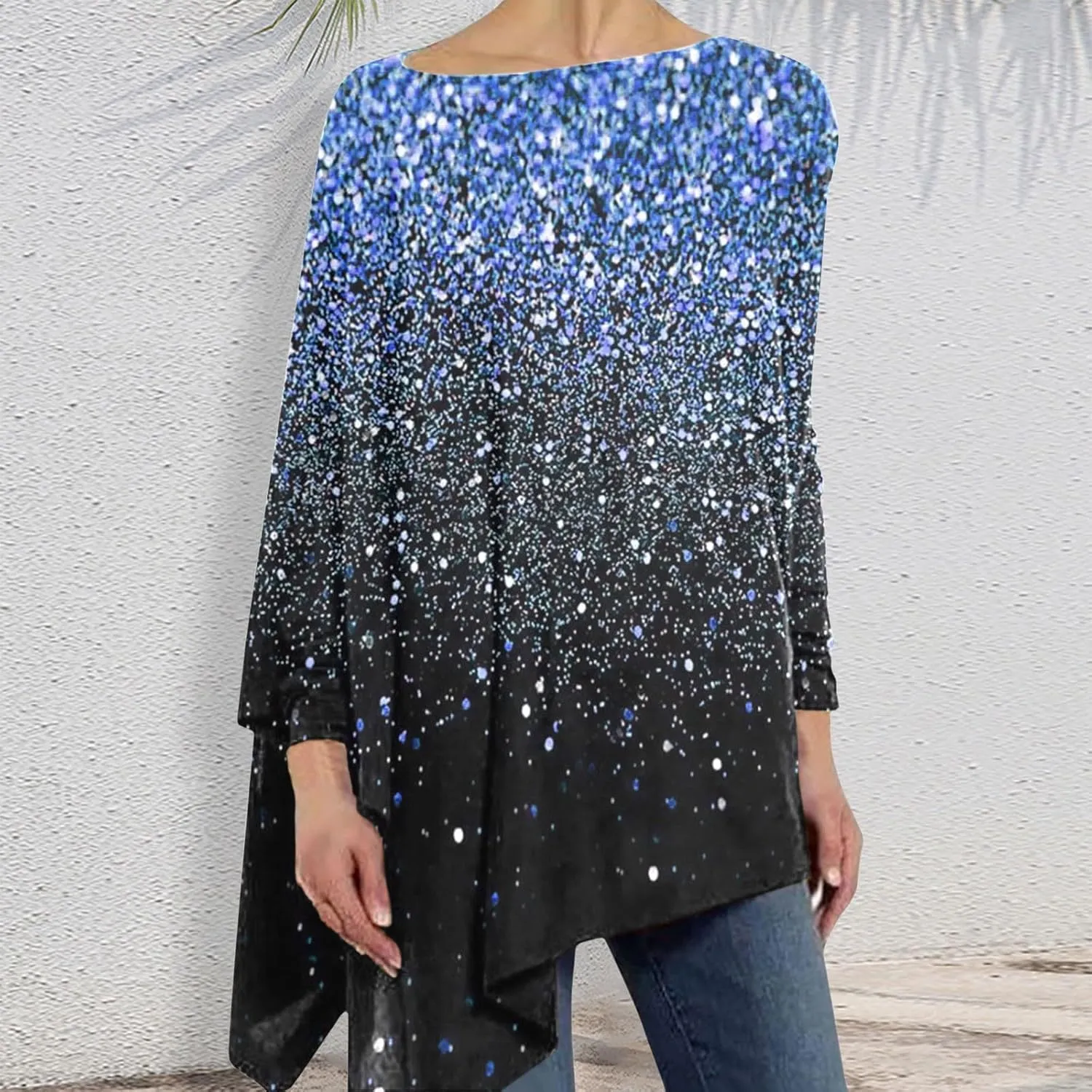 Tops for Women Trendy 2025 Floral Print Sequin Shirts Long Sleeve Crew Neck Dress Casual Loose Fit Oversized Outfits