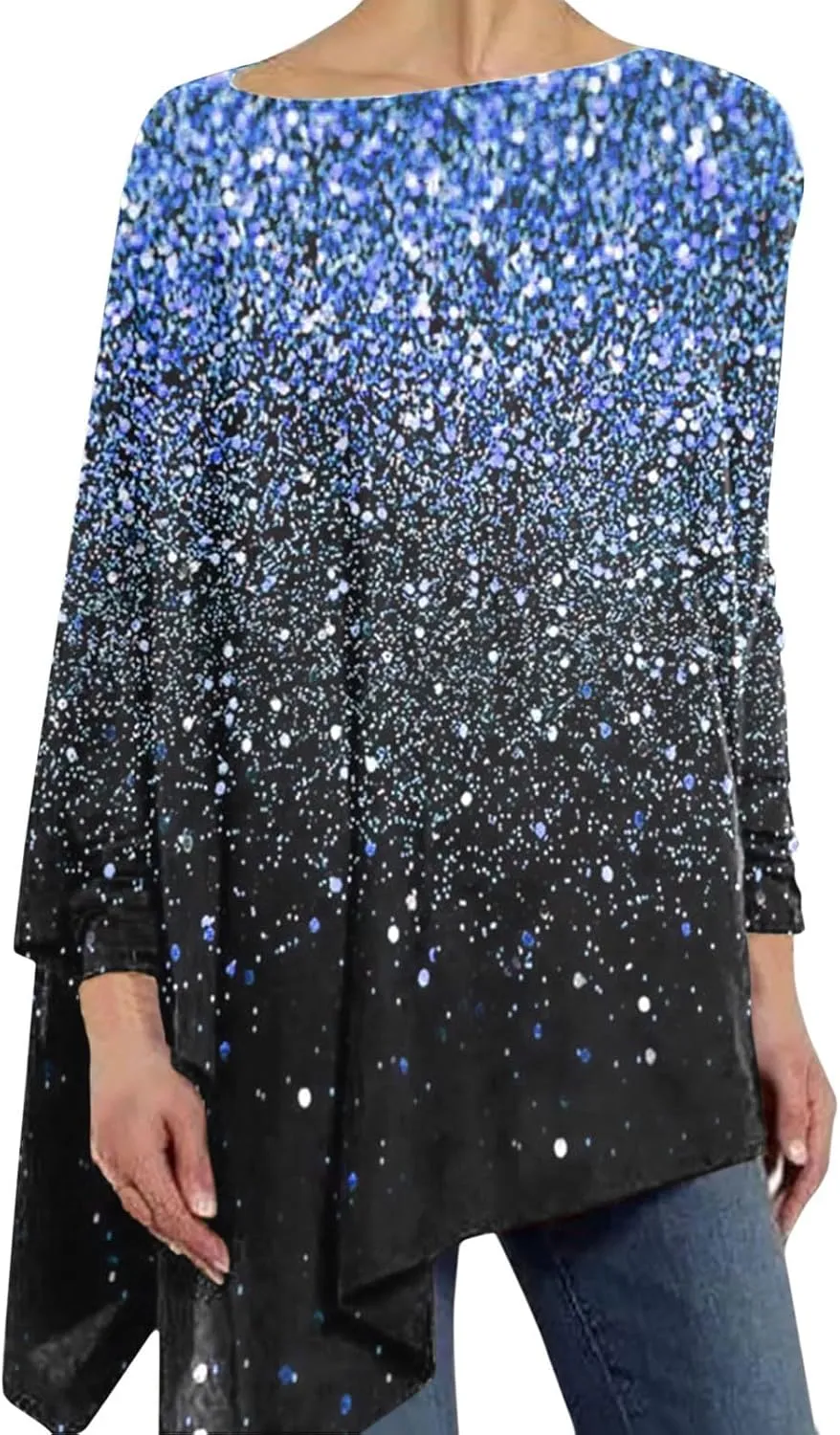 Tops for Women Trendy 2025 Floral Print Sequin Shirts Long Sleeve Crew Neck Dress Casual Loose Fit Oversized Outfits
