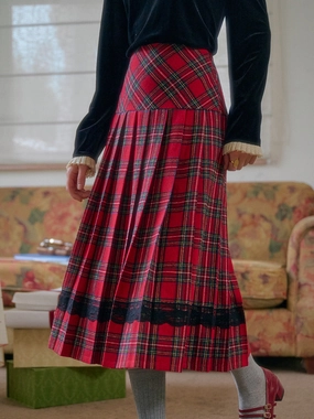 Minimalist Waist Drew A-Line Contrastng Pleated Plaid Skirt