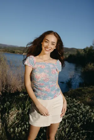 Stretchable Waistband Trail Of Flowers Mesh Top