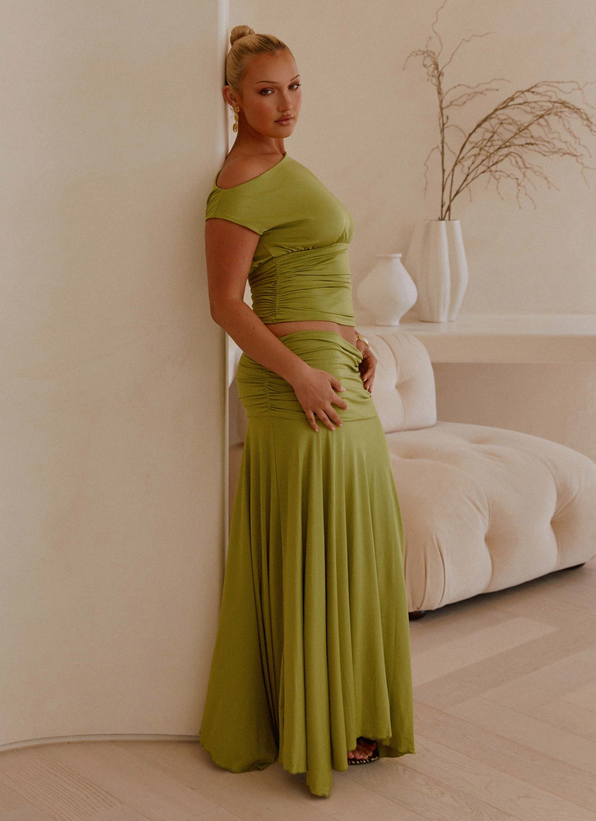 Liana Ruched Maxi Skirt - Green Earth Tones Foldable Design