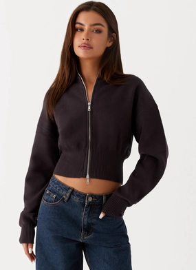 Episode High Neck Cardigan - Charcoal Structured Casual Fit