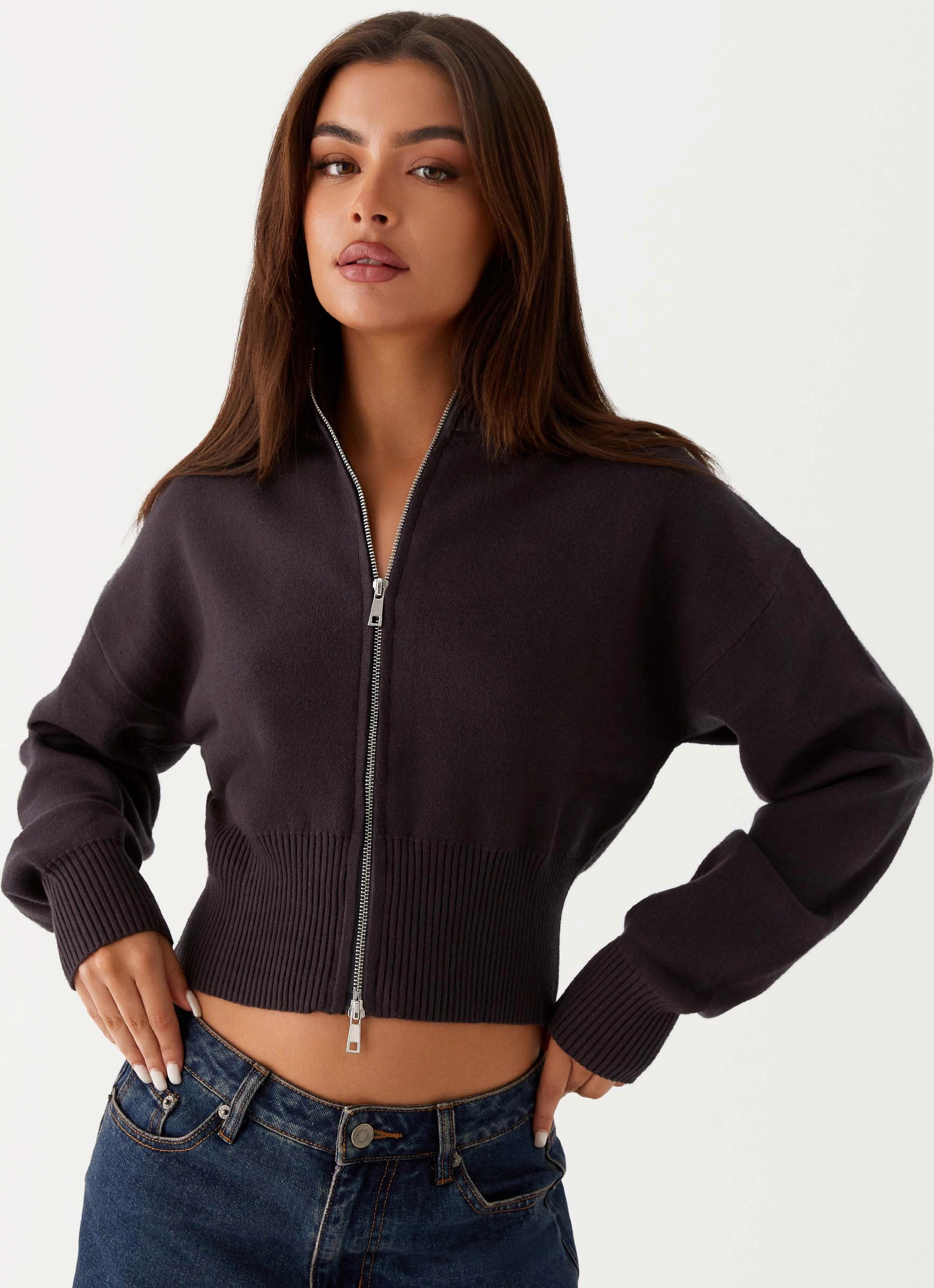 Episode High Neck Cardigan - Charcoal Enhanced Edge Binding