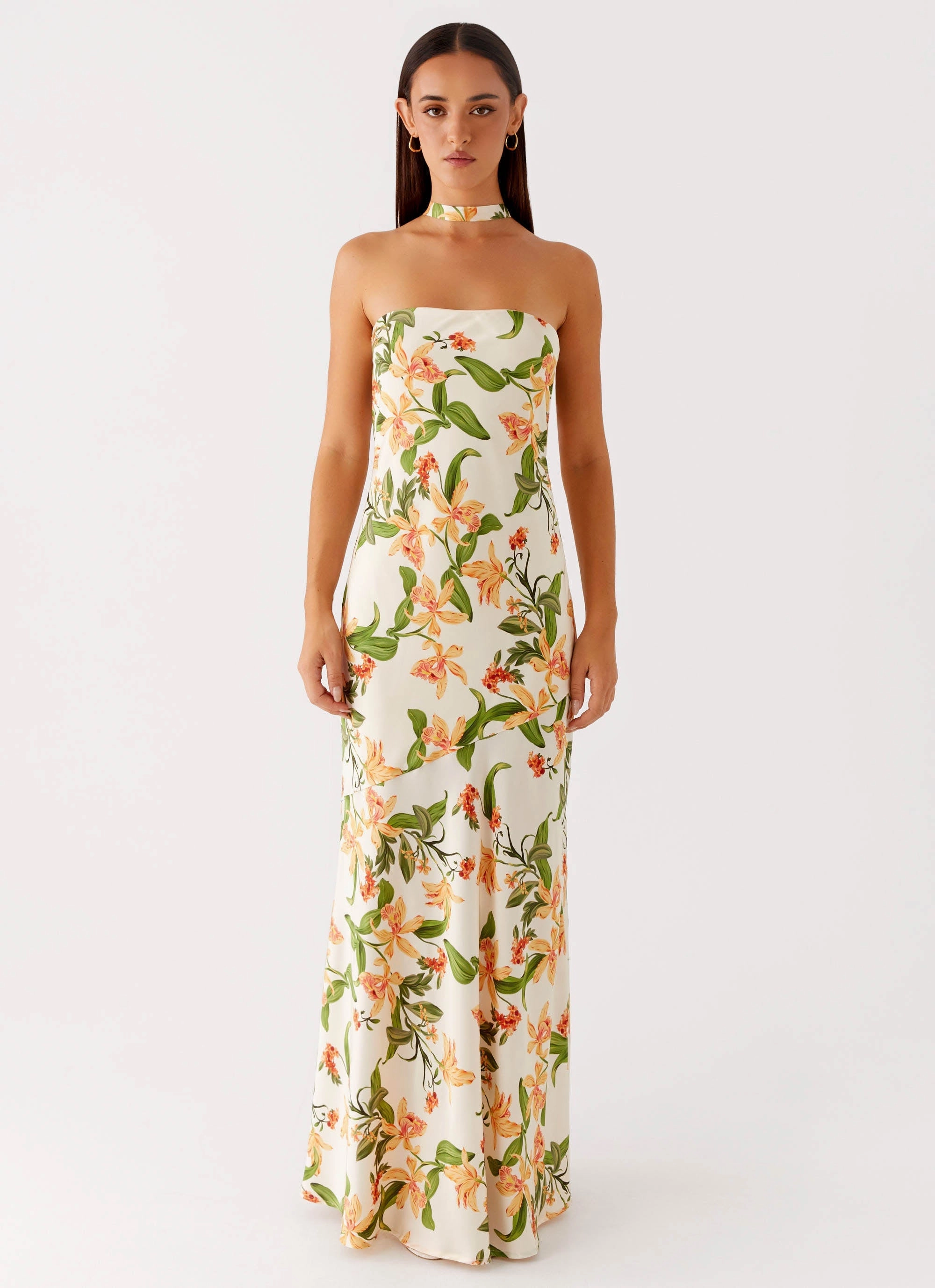 Empire Waist Damali Satin Maxi Dress - Floral Print