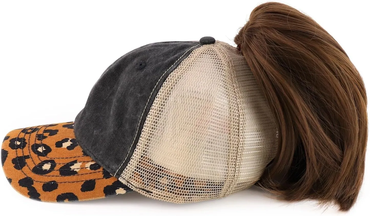 Trendy Apparel Shop Women's Animal Print Mesh Back Ponytail Baseball Cap