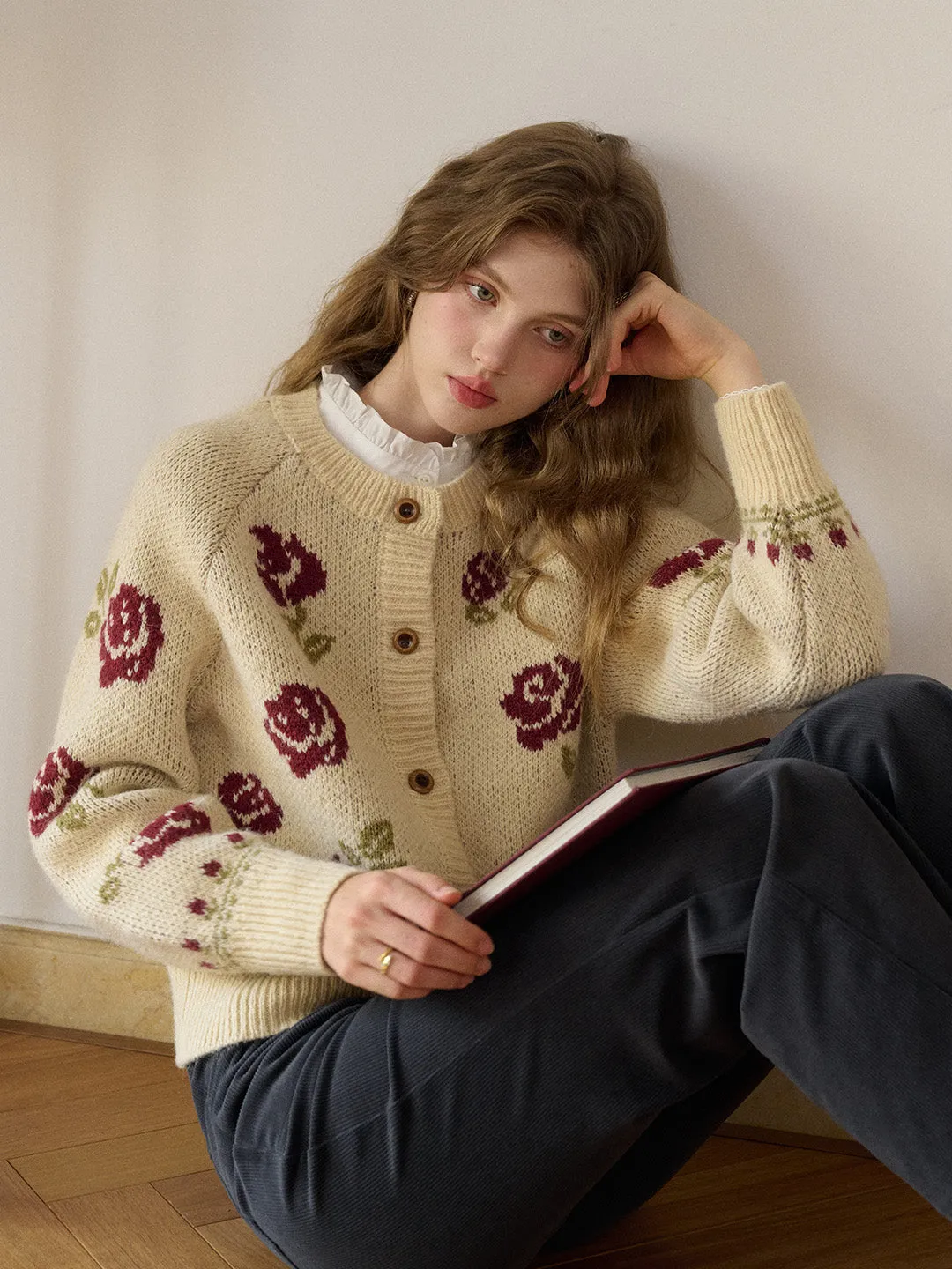 HeatPressedLogos LowMaintenanceMaterial Katie Round Neck Jacquard Wool Cardigan