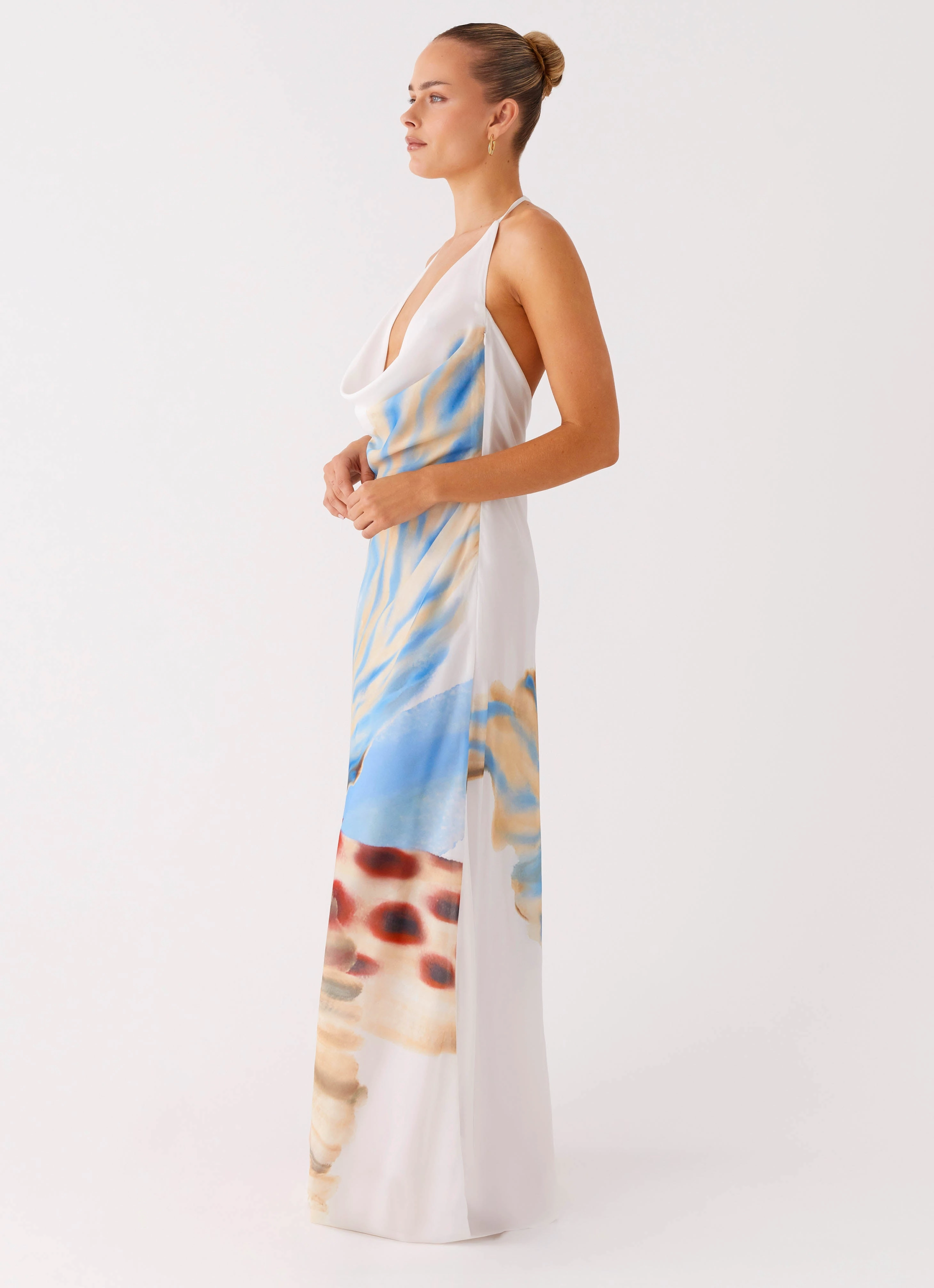 Relax Flex Mesh-Sleeve Stars Align Cowl Maxi Dress - White Sea Bloom