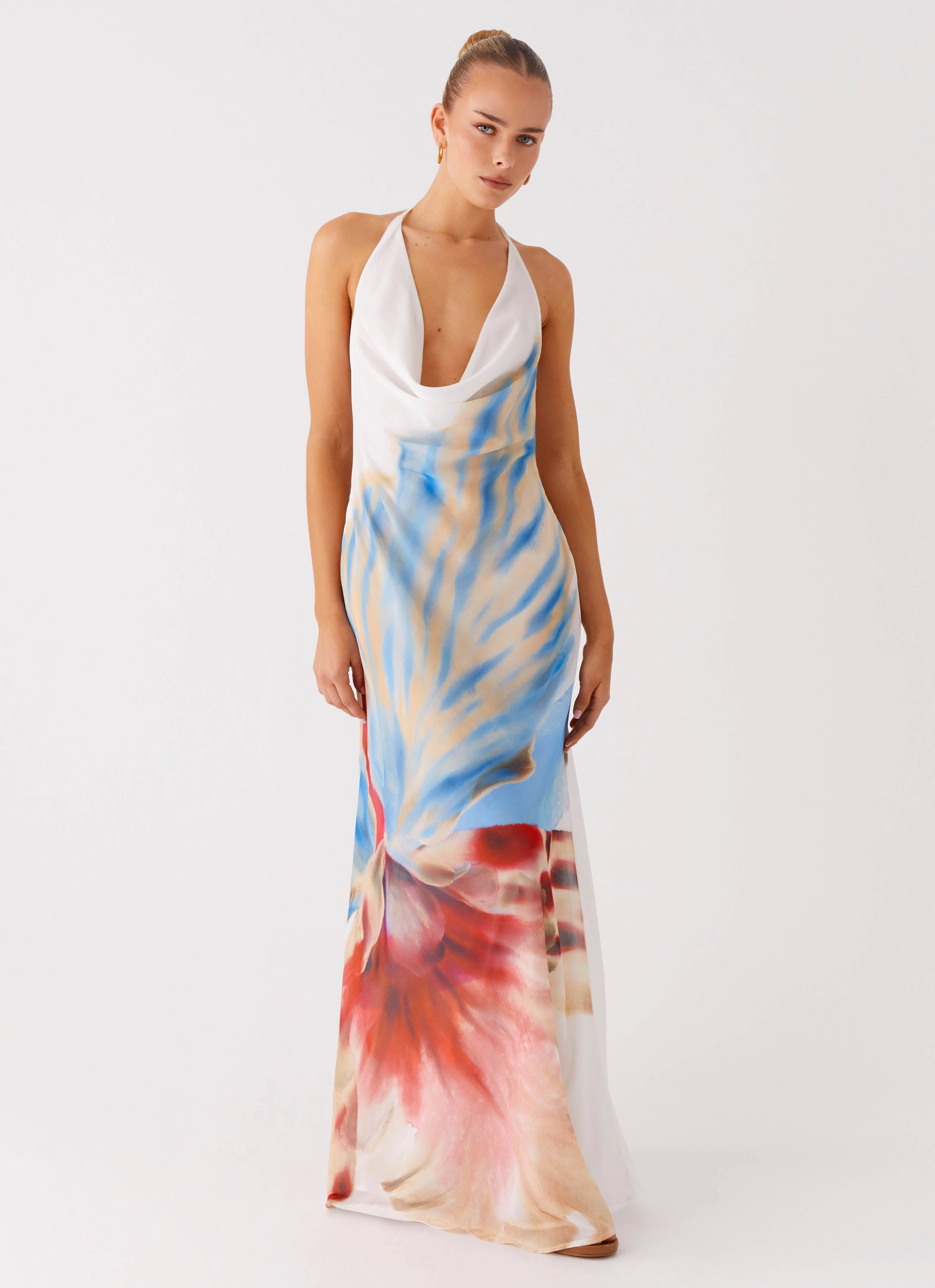 Stars Align Cowl Maxi Dress - White Sea Bloom SmoothEdgeFinish Romantic Hour